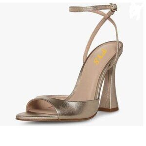 FYS Gold Pointed Peep Toe Heeled Sandals Ankle Strap Block High Heels Shoes